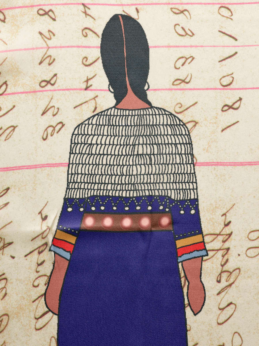Scarf detail, showing the back of a figure in a dress with a white patterned top, blue skirt and sleeves, and rainbow-like cuffs. The background features pink lines and writing.