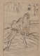 Sketch of a figure in a determined stance dressed in traditional Japanese attire. They are holding a stick and are poised on a boat against a landscape background. 