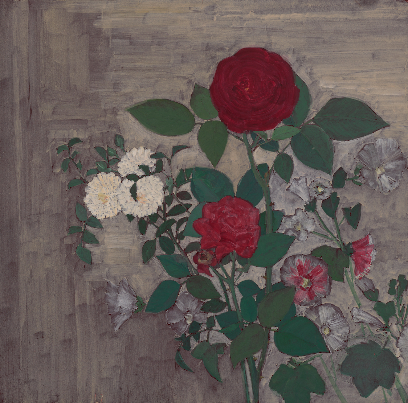 A painting of a dark red rose stands out amongst deep green leaves and white, red, and gray flowers against a watered-down gray background. 