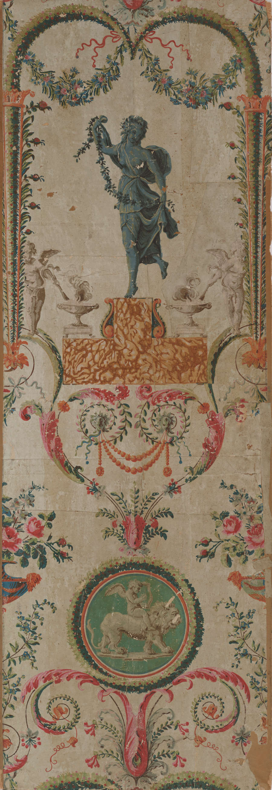 Cream, vertical wallcovering with a stone statue  holding a garland, standing atop an orange pedestal, in an archway,with a teal circular medallion of a cherub riding a lion below.