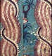 Segment of aged wallpaper featuring undulating red and white striped motifs bordered by intricate curved details and an ornamental spiral wrapping around the motif; set against a faded blue backdrop.