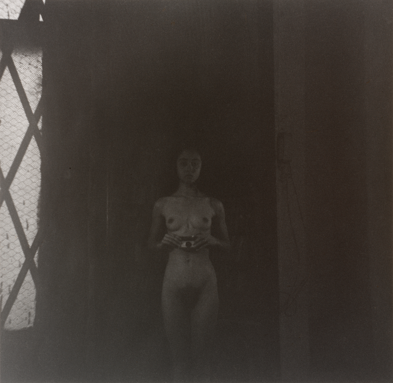 A dimly lit photograph of a nude figure holding a camera standing by a hatched window in soft light.
