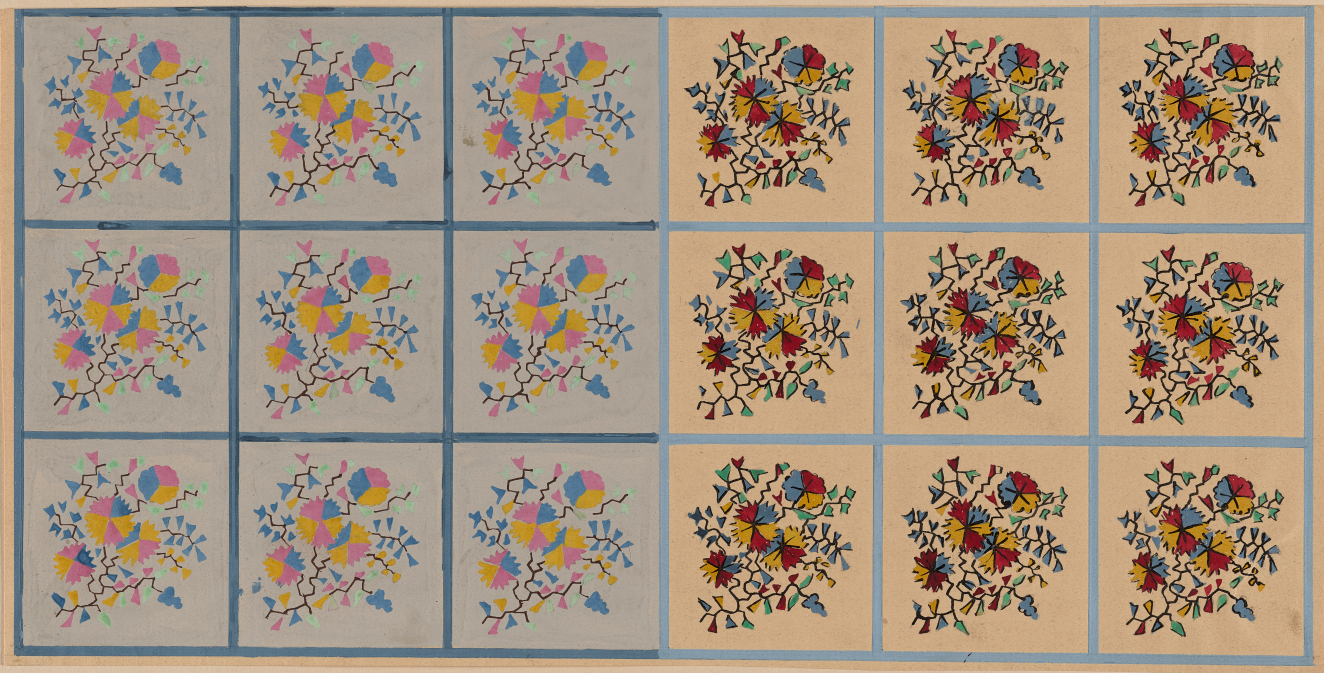 Two sets of floral designs. A grid nine on the left in muted red, blue, and yellow on blue and a grid of brighter colors on cream on the right.