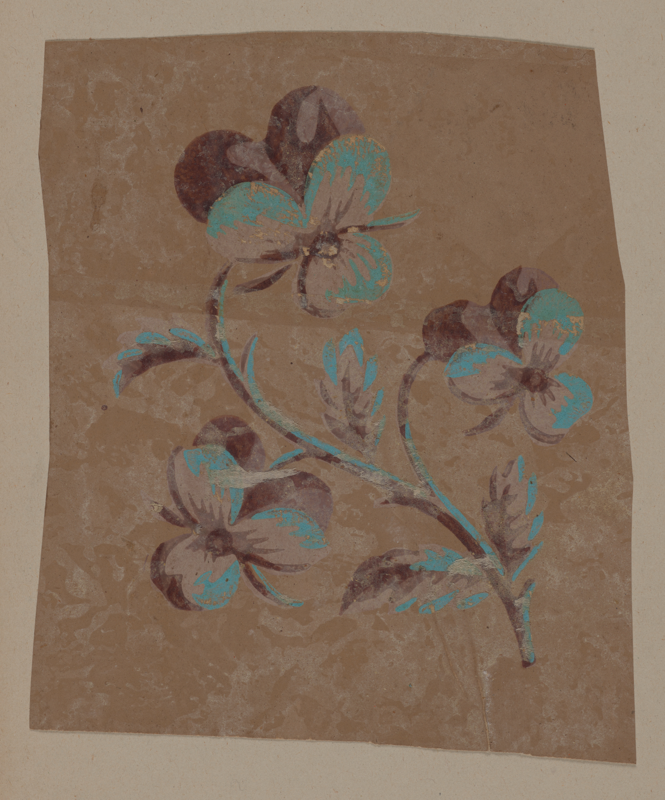 Decorative pattern featuring three flowers on a flowing leafy stem with dark brown shadows and blue highlights on a muted brown, textured background.