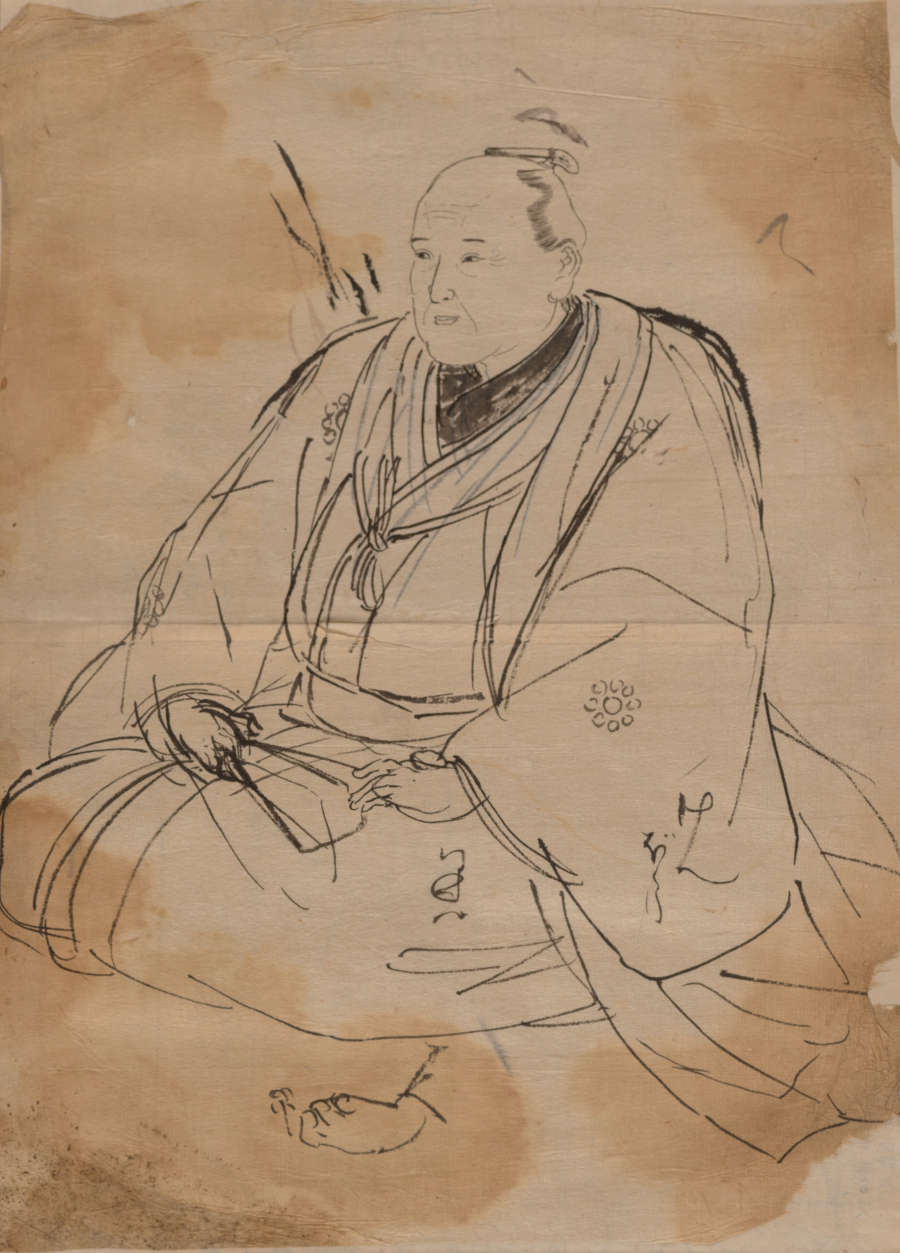 Sketch of a seated male figure depicted in a traditional robe, with subtle strokes capturing his calm demeanor. The figure is holding a fan and looking ahead.