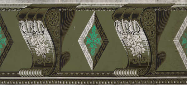 Neoclassical frieze pattern featuring stylized carved structures decorated with acanthus leaves interspersed with geometric diamonds on an olive background. The objects give off the illusion that they’re 3D.