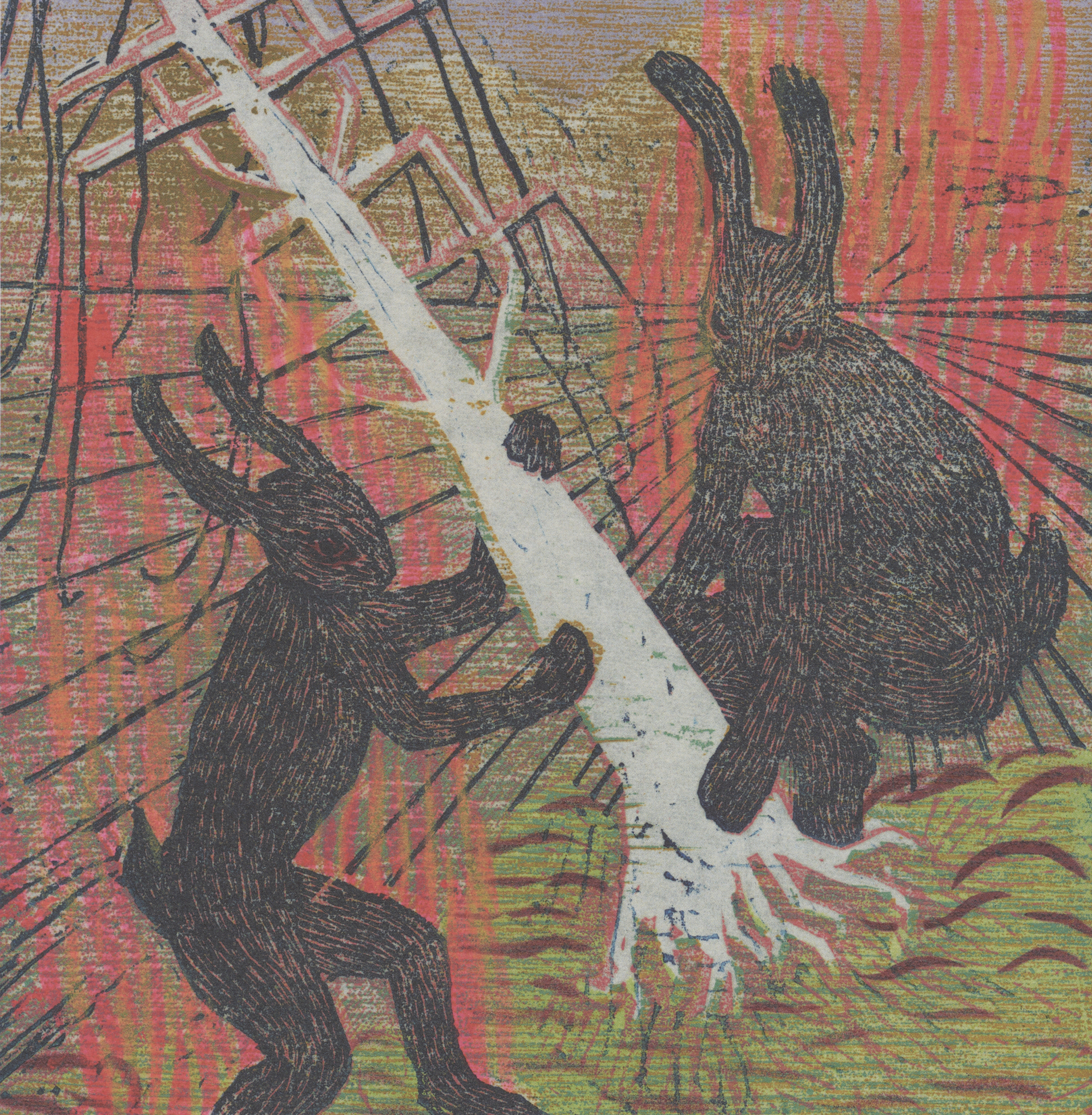 A print of two, black rabbit figures pulling a white electrical tower with tree-like roots and severed electric lines, out of the ground. The Figures are surrounded by frantic red marks.