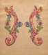Tan paper with two mirror-image designs of green floral vines overtop layered red, yellow, and blue curved lines. Unreadable handwritten cursive text is below.