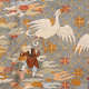 Intricate embroidery on a gray backdrop, depicting an elderly man in an orange robe holding a hand drum besides a large white bird, surrounded by clouds and flowers.