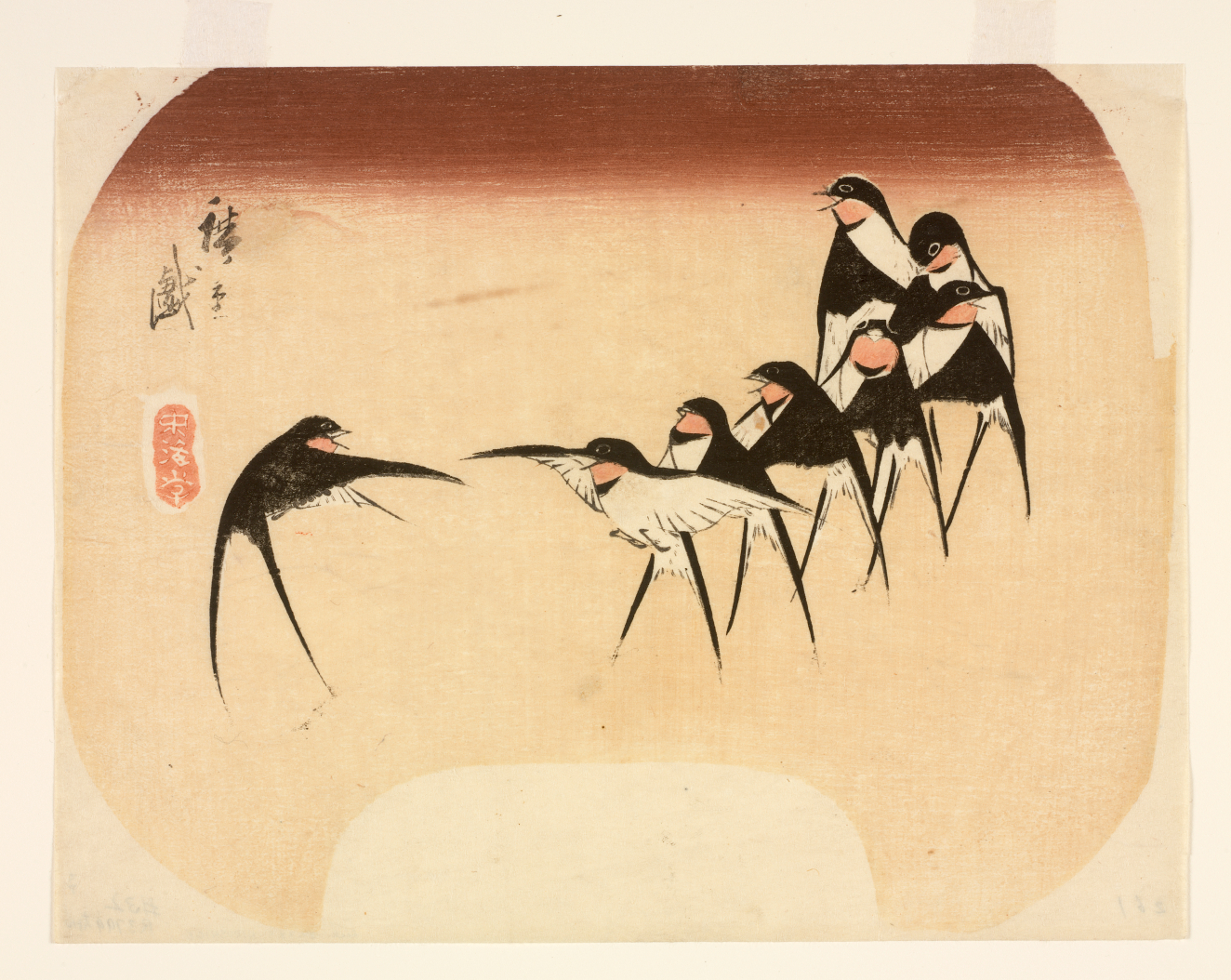 A flock of birds dancing, led by a singular bird in flight with calligraphy along the left side against a sepia-cream sky.