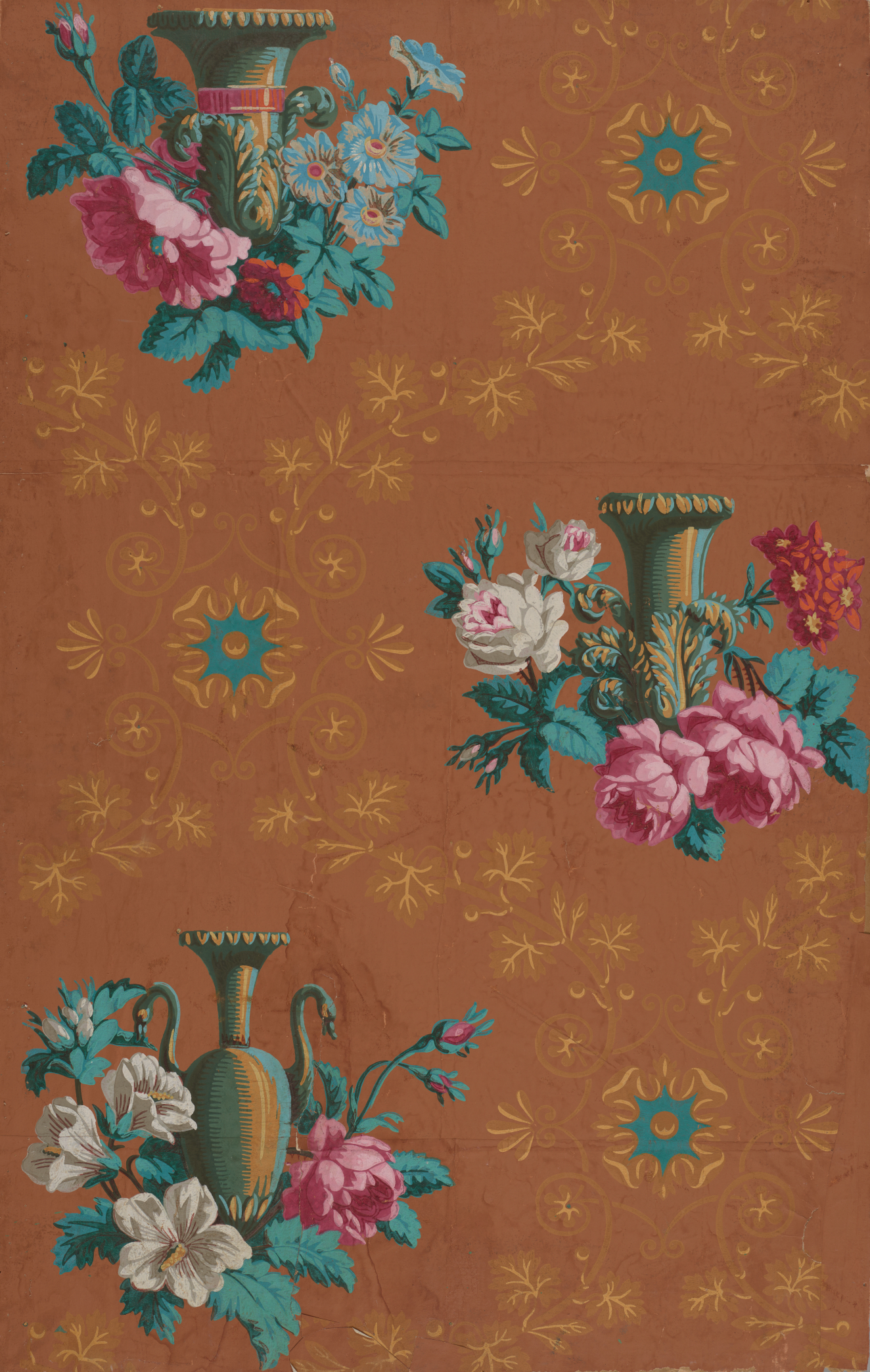 Decorative pattern of various metallic brown vases surrounded by large, vivid blooming flowers set against a warm orange backdrop with subtle teal medallions and gold patterns.