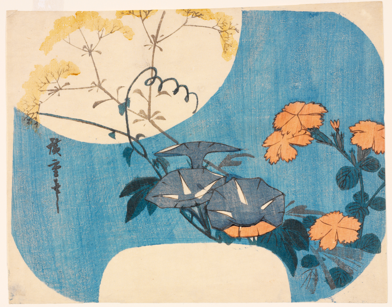 Clusters of blue, orange, and yellow flowers with foliage and calligraphy down the left hand side in front of a large moon against a blue sky. 