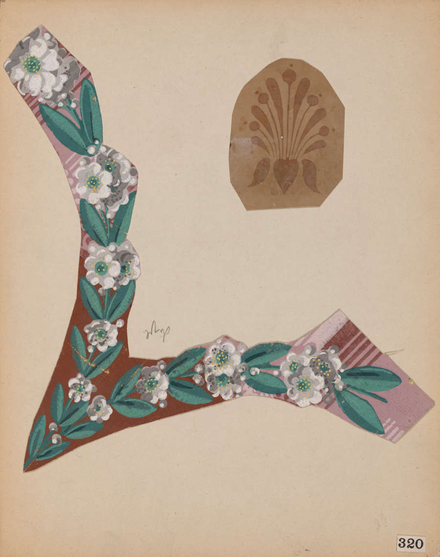 Intricately shaded floral pattern with green leaves and white forming a V-shape on a brown and pink background next to a smaller subtle brown floral motif with a fan shape.