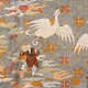 Section of illustrations of the blue robe’s back featuring intricate floral patterns overlaid with wispy pastel clouds, two flying white birds and a robed monk holding an egg.