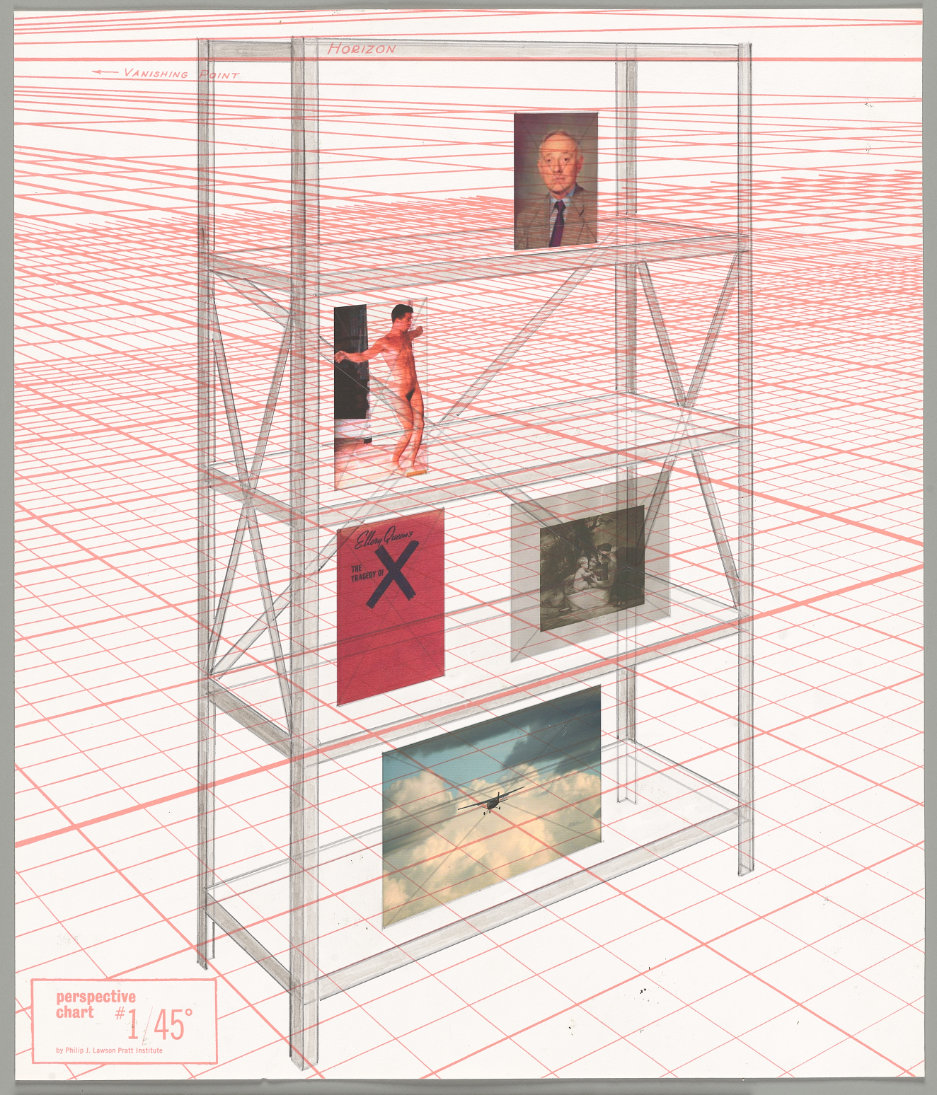 A transparent wireframe bookshelf drawn over a red perspective grid, displaying various images including a headshot, figure dancing nude, red book with an X, and airplane in the sky.