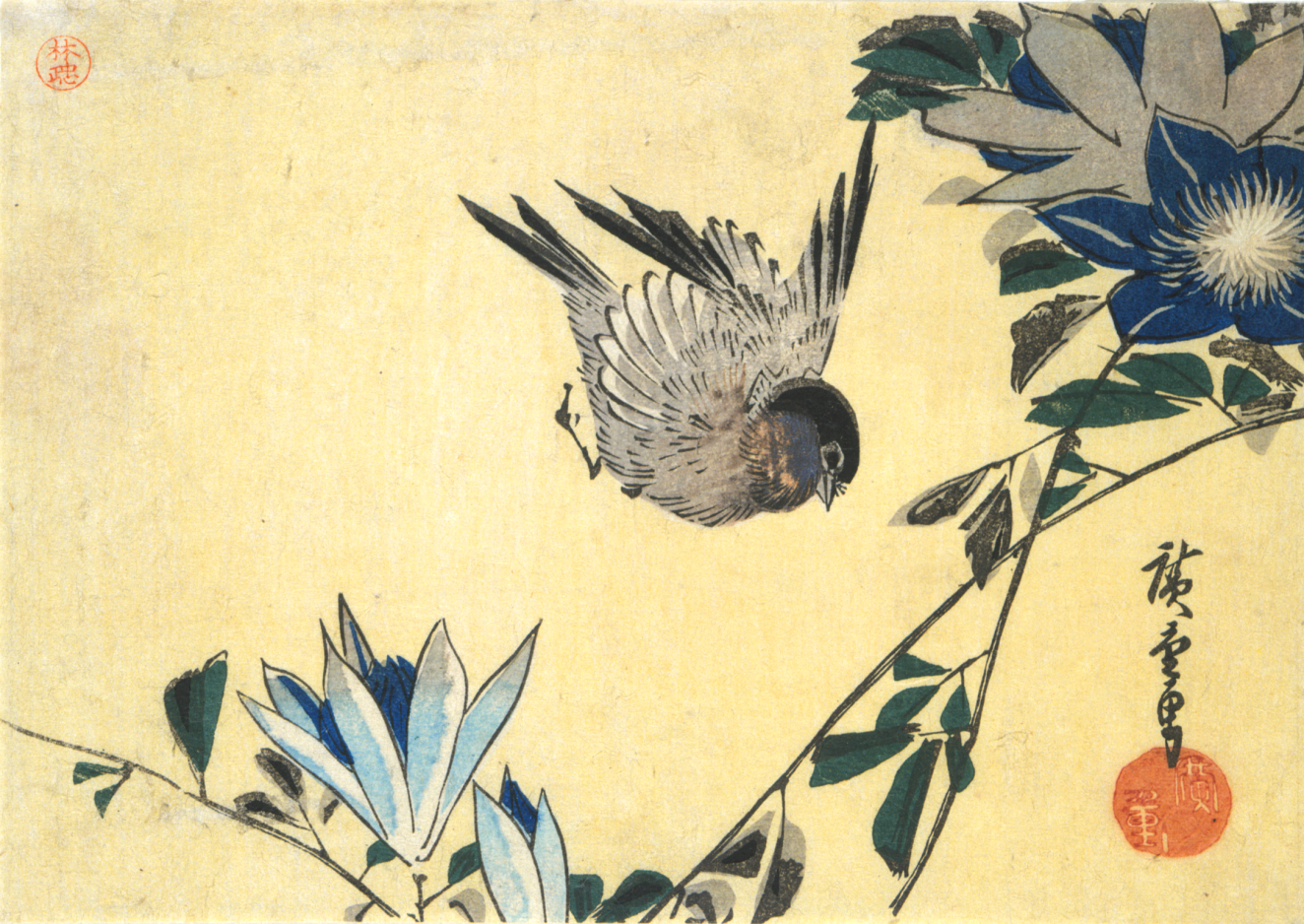 A small gray bird dives towards blooming blue flowers growing out of green stems from the bottom to right edge. There’s calligraphy above a red artists stamp to the right.