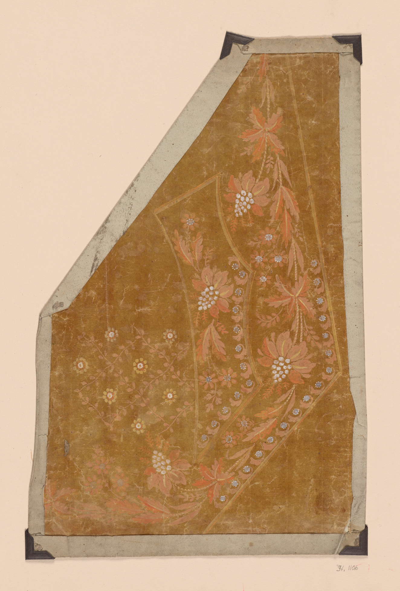 Mustard yellow triangular shaped fabric with gray blemished borders, blue dots surrounding faint yellow lines, and multiple pink droopy flowers with white dotted centers and leaves, against a peach background.