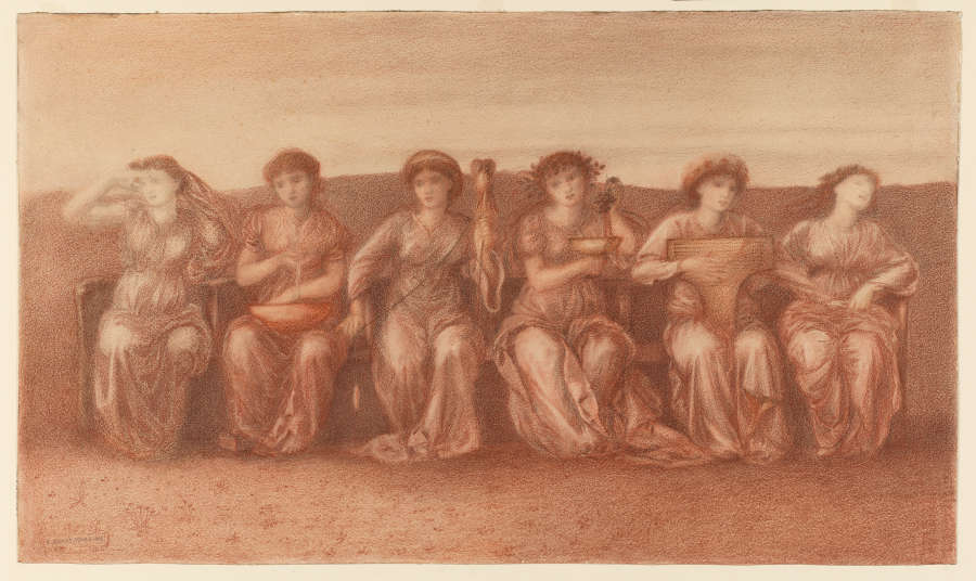 A red crayon and graphite drawing of six seated women. Each performs an action to mark the time of day: awaken, wash, weave, wine, play the lyre, and sleep.