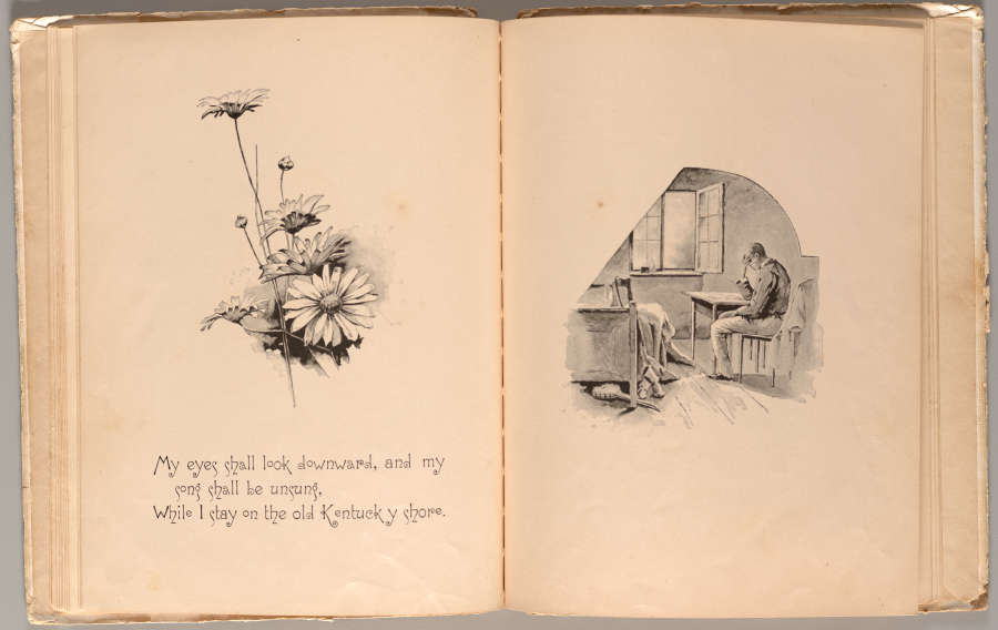 An aged open book with a small floral illustration above a poetic verse and an illustration of a lone figure seated at a desk by a window on the right.