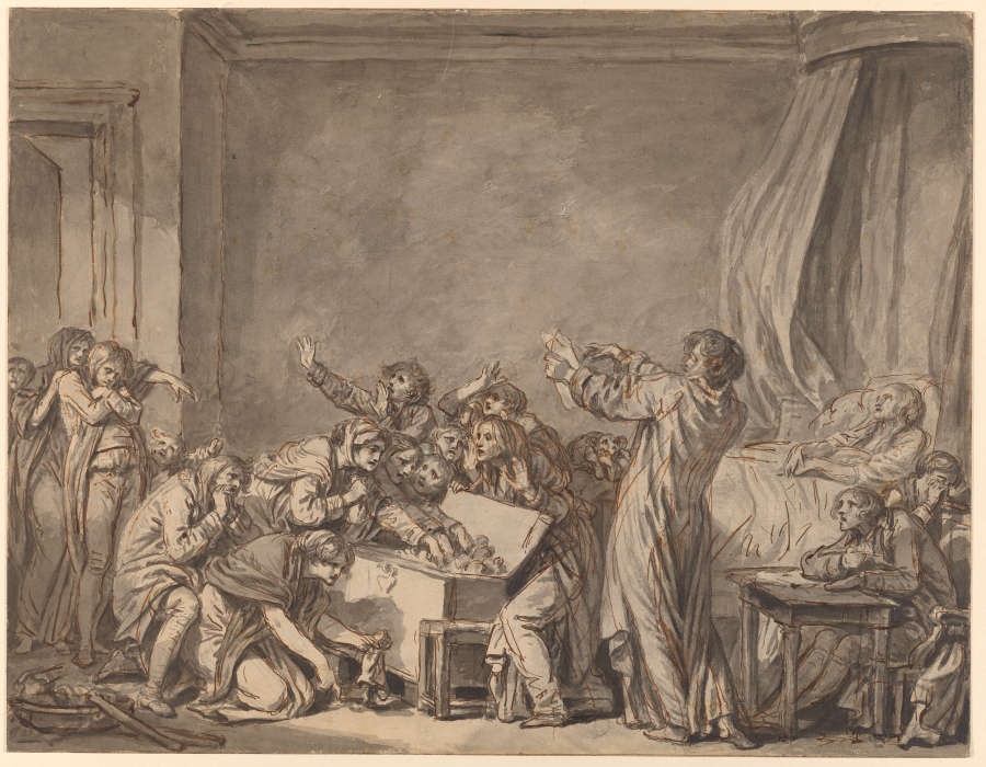 A pen and ink and drawing of a deceased man's will being opened. Beside the deceased, one man reads off a paper as others fight for his possessions in anguish.