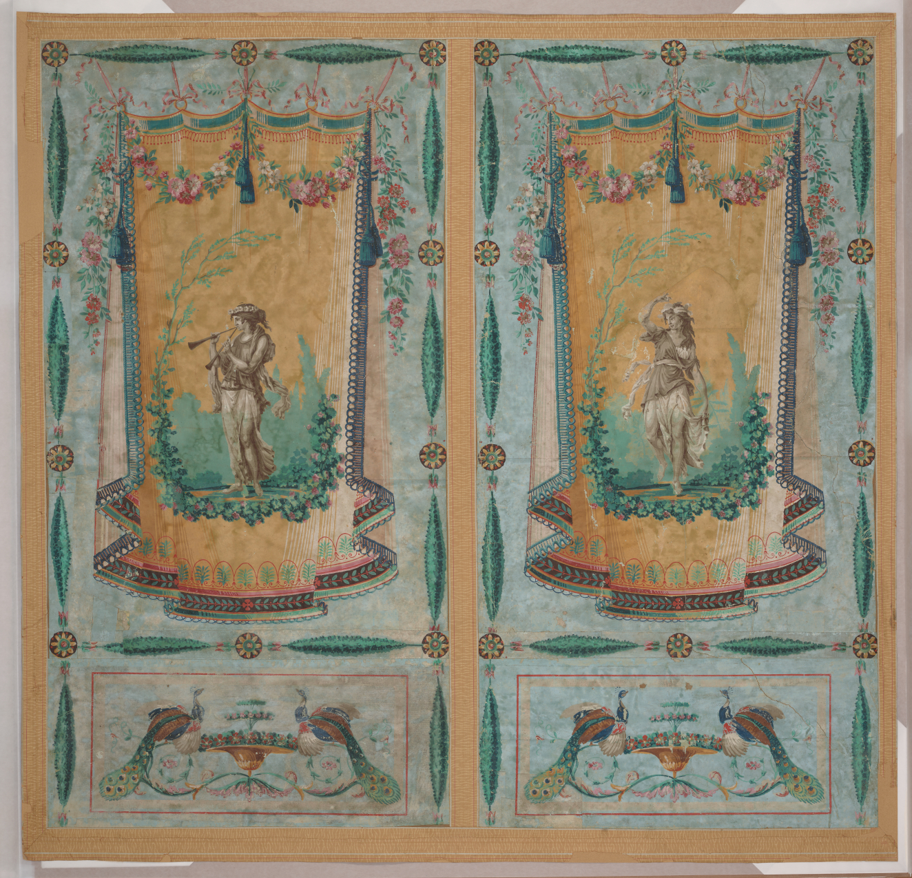 Two aged paintings on ripped paper of statue-like standing figures surrounded by tall vines within orange draping curtains. Garlands, floral bouquets, and teal embellished borders surround the figures.
