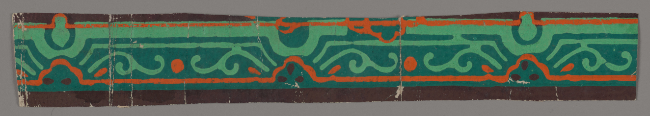 Narrow horizontal strip with a pattern of green geometric lines and symmetrical flowing curved lines accented by orange dots and borders with black edges.