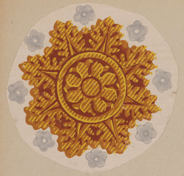 A large gold star with a central floral design and ornamented points at the center of a white circle with interspersed gray flowers.