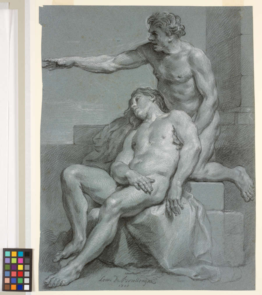 A black and white chalk drawing of two male on blue-toned paper. The figure in the foreground is seated, collapsed backwards onto the man behind him who is pointing leftward.