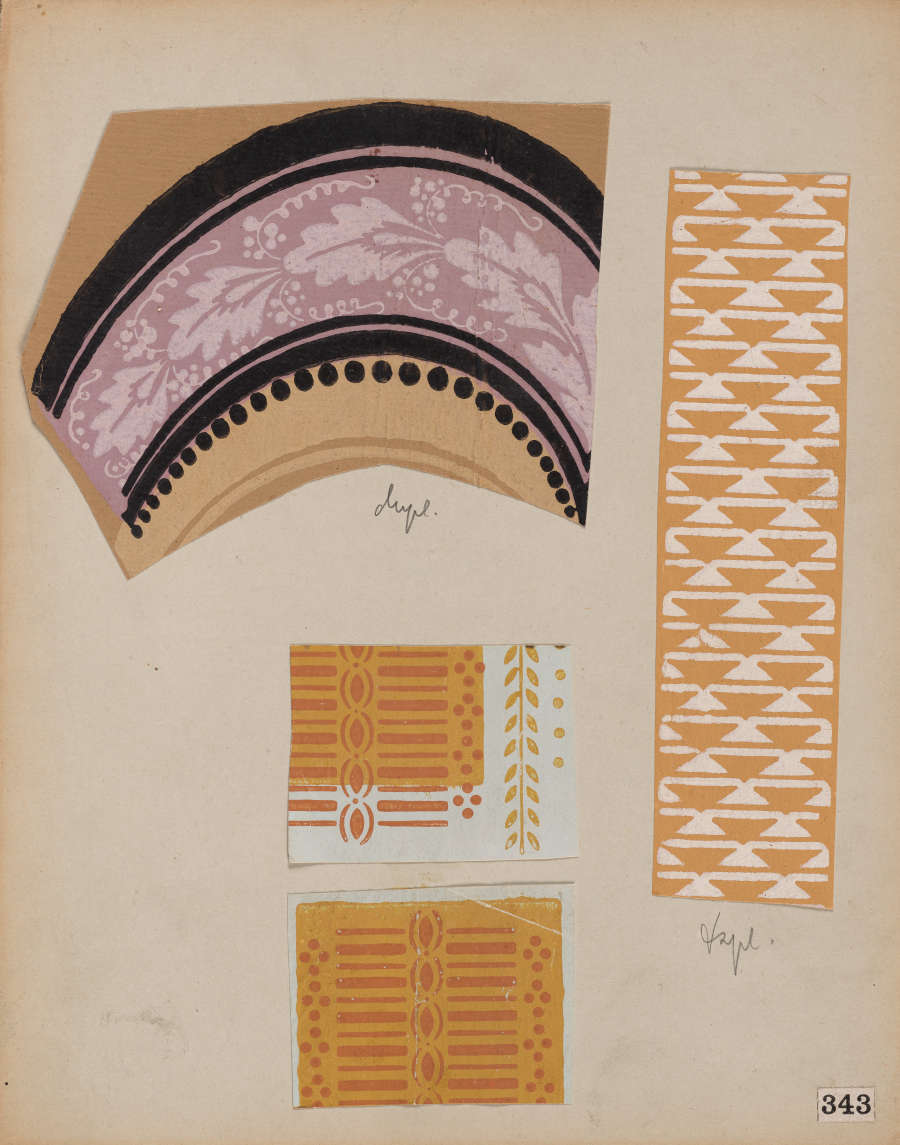 Collection of four decorative designs: a pink floral arch with black borders, vertical white and orange geometric pattern, and two orange patterns with symmetrical dot and line designs.