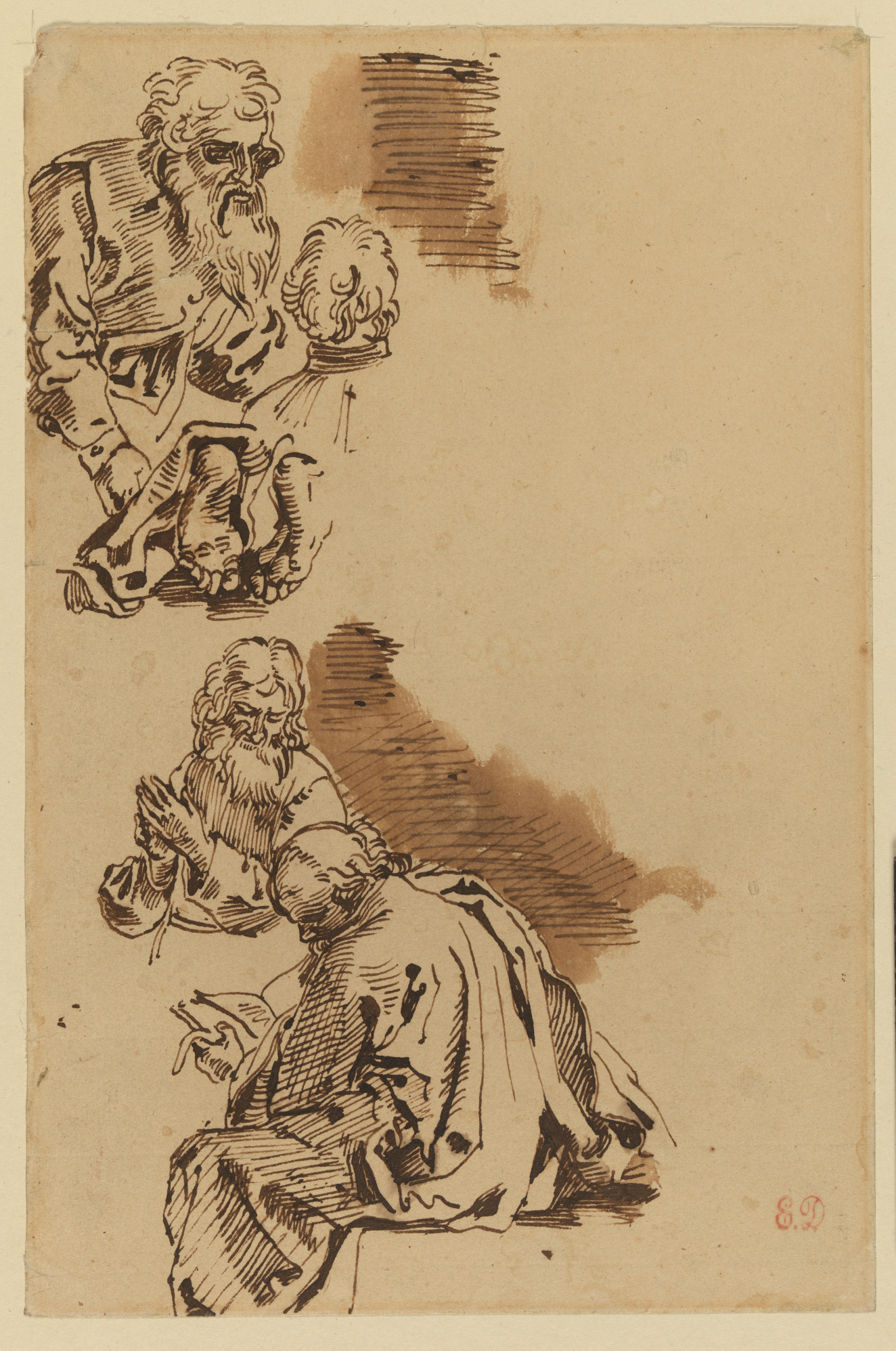 A brown pen and ink study depicting Biblical figures around the edges of the paper. Figures speak, kneel in prayer and read the Bible.