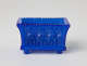 A square pressed glass cobalt blue salt container. It has four feet close to each corner with decorative textured sections.