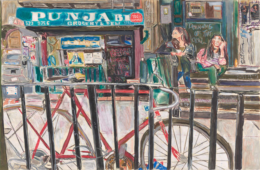 Colorful illustration of two figures sitting on a doorstep on the right, appearing to be waiting. On the left, a store is labeled: “PUNJABI GROCERY &amp; DELI.” A bike leans against a railing in the foreground.