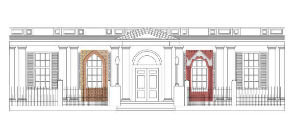 Digital line drawing of a building exterior with double doors flanked by two windows on each side. The two innermost windows have colorful brick panel renderings superimposed onto the line drawing.