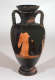 A black ceramic vessel with two twisted handles with a faded orange design of a robed figure, visibly damaged, set against a black background.