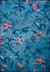 Deep teal wallpaper with eccentric, red flowers and long blue leaves attached to winding dark blue branches throughout.