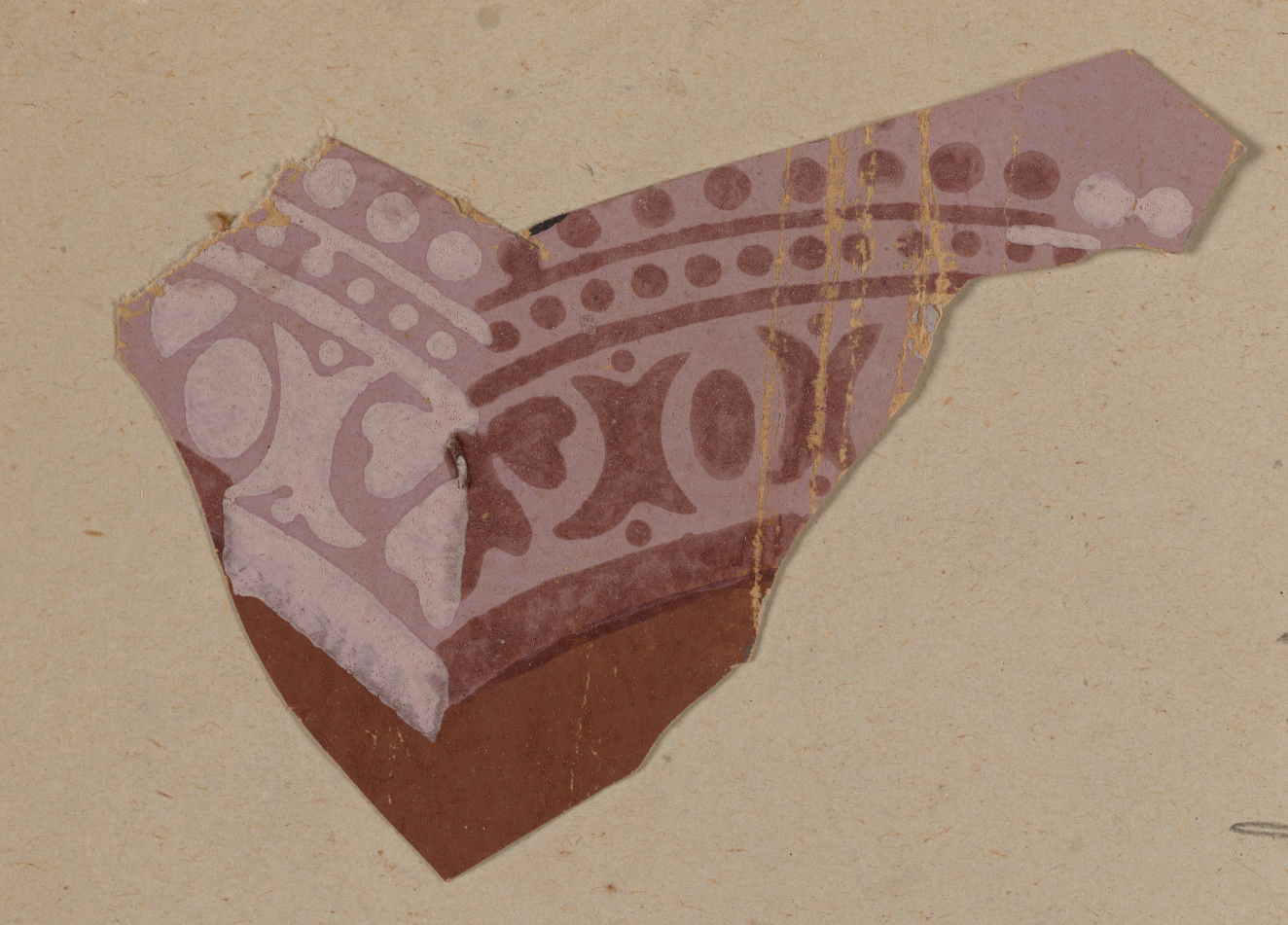 Decorative design fragment in shades of pink featuring rows of dots and geometric shapes separated by stripes split into lighter and darker halves in the center above a brown base.