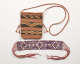 Top-view of a purple and white beaded belt with loose thread ends alongside a cream, red, and green-gray woven satchel with a braided strap and tassels. Both feature geometric patterns.