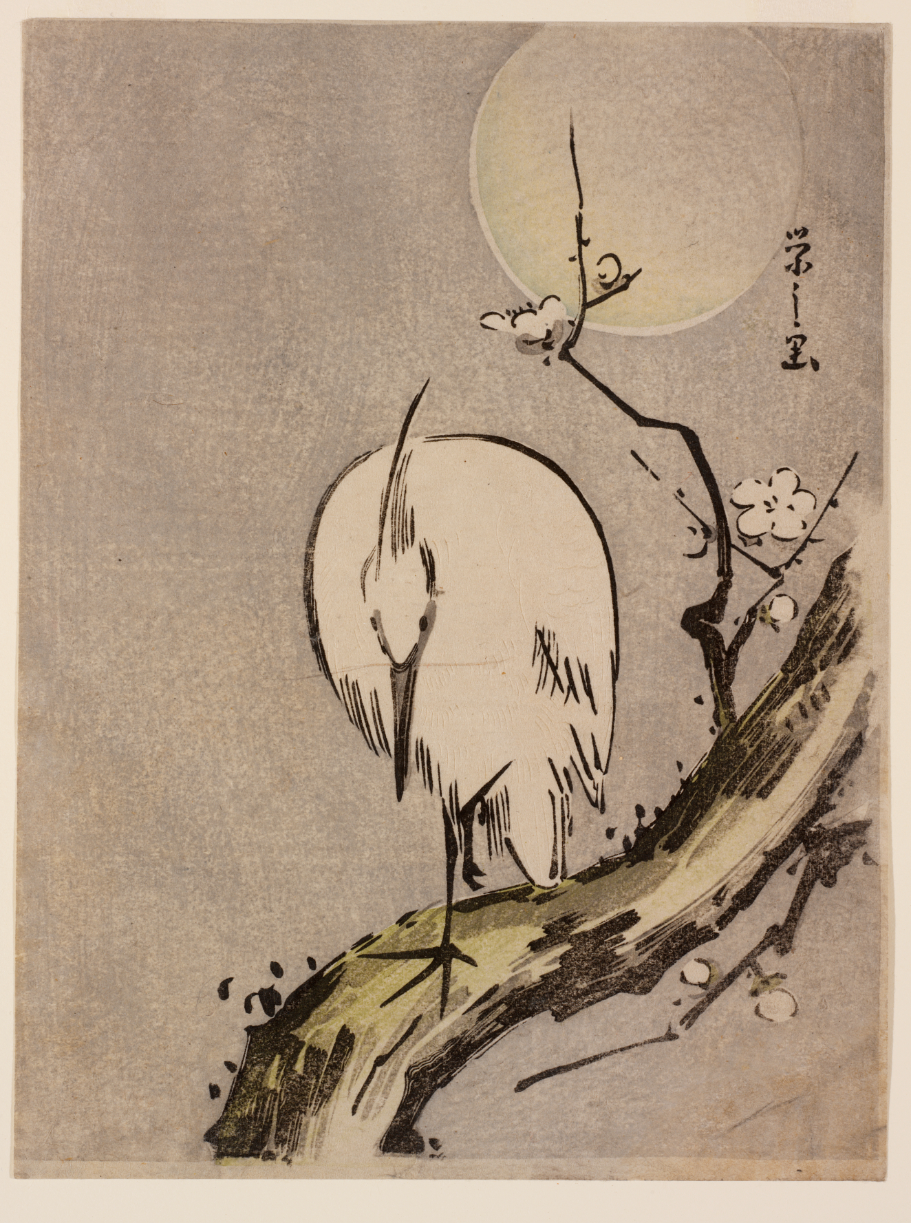 A white heron standing on one leg on a gnarled branch with twigs of white blossoms beneath a full moon, set against a muted gray background.
