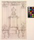 A pen and ink design plan for a Rococo interior corner containing a clock, bureau, table, and elaborate candelabra.