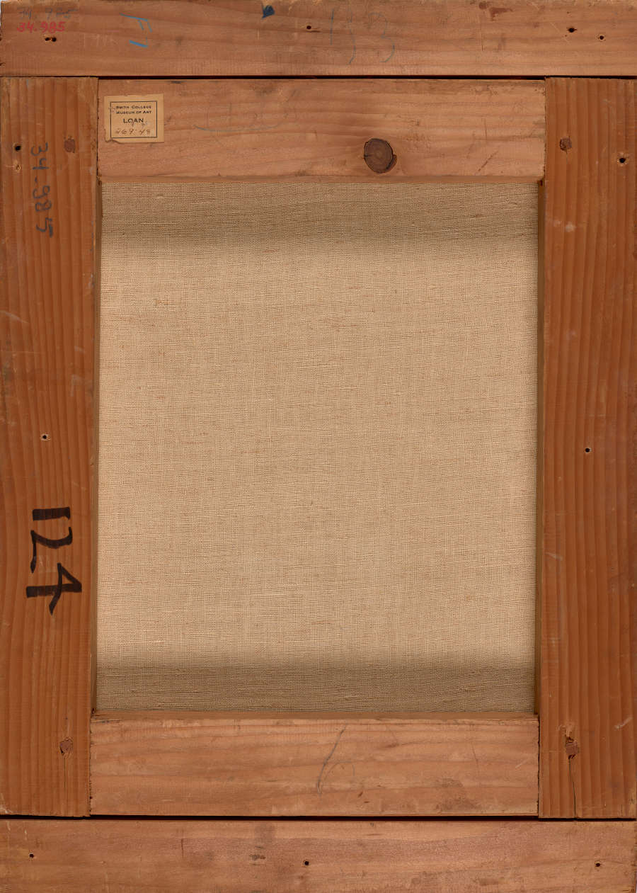 Rear view of a canvas stretched over a wooden frame, showing visible imperfections in the wood. The number ‘124’ is written in black marker on the frame’s left-hand side.