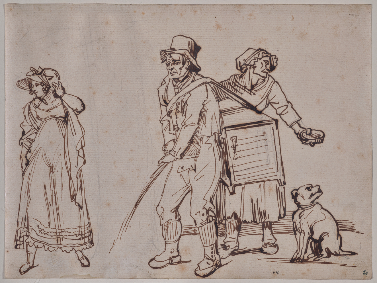 A pen and ink drawing of a young, elegant woman averting her gaze from an organ grinder peeing in the street beside a ragged, older woman in feeds a dog.
