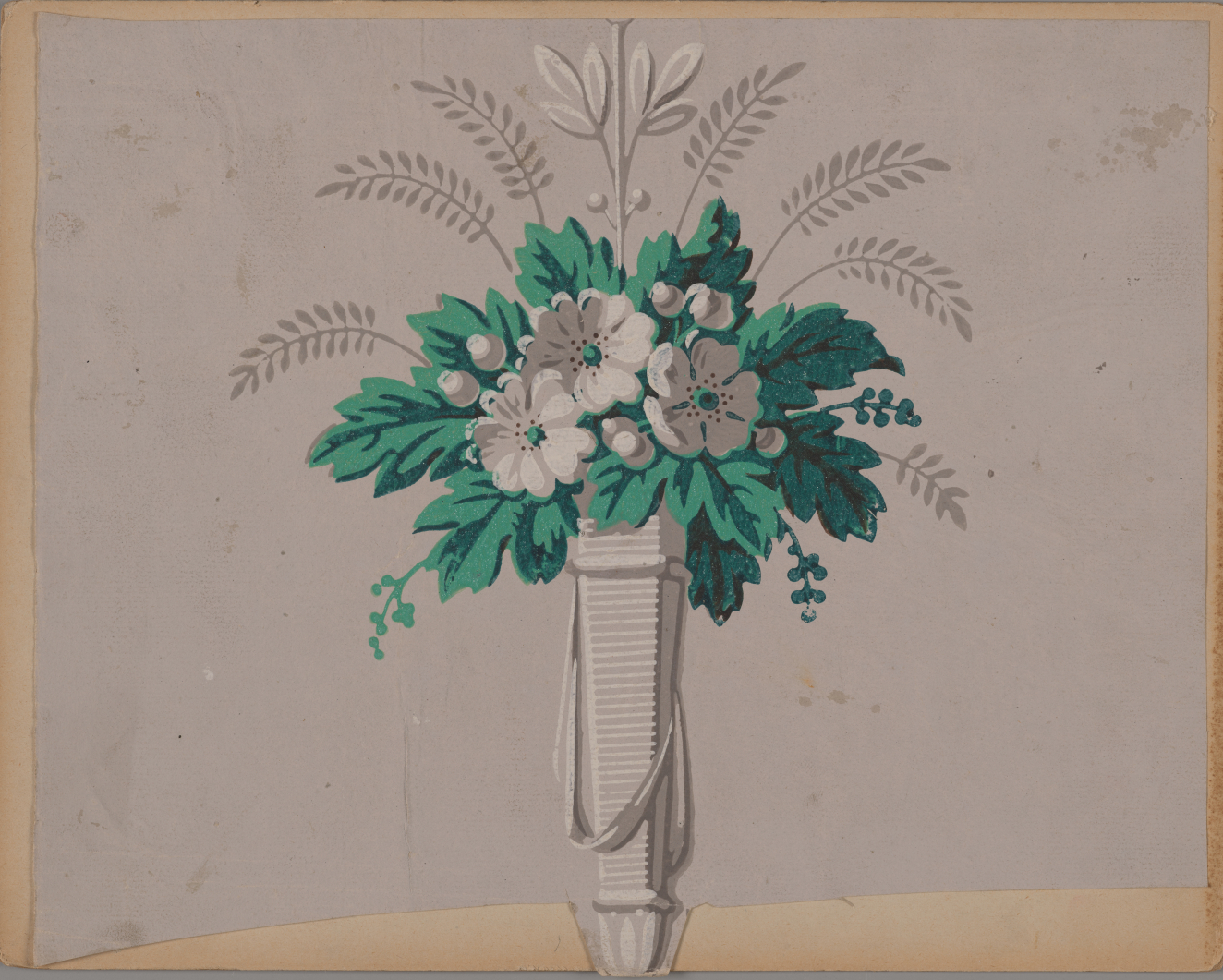 Decorative design in gray depicting a geometric rectangular vase with a dense cluster of green leaves with white flowers, buds, and smaller gray stems emerging from the top.