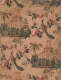 Segment of vintage wallpaper featuring a pattern of lush, oversized pink florals, peacocks, and classical architectural structures. The repeat design is set on a distressed beige background.