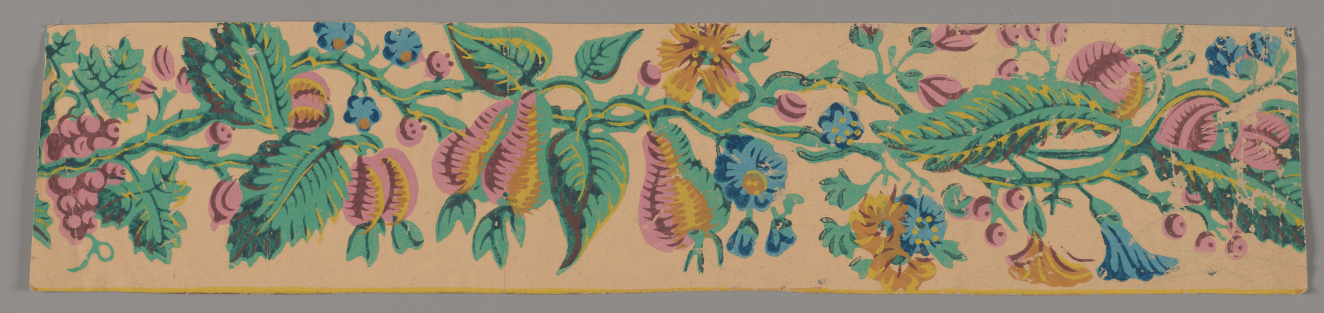 Botanical pattern with green leaves and curled vines, and pink, blue, and yellow patterns set against a soft beige background.
