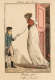 Aged illustration of a figure in a doorway wearing a long white dress, taking the hand of a child in a blue tailcoat.