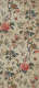 Tan, aged wallpaper with repeating motifs of multicolored flowers and leaves on brown jagged branches. Tiny, colorful butterflies and birds on branches repeat throughout. 