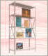 A wireframe bookshelf set against a red perspective grid, including eclectic images of a yellow text document, abstract golden-hued room, book covers, and nature scene.