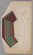 Paper cutout with a curved brown design featuring angular green and dark brown lines. To the right of the pattern is paper damage.