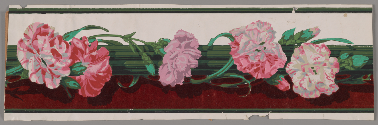 Horizontal border depicting a bundle of green stalks wrapped in a leafy vine of pink, white, and red flowers framed against a white background and deep red base.