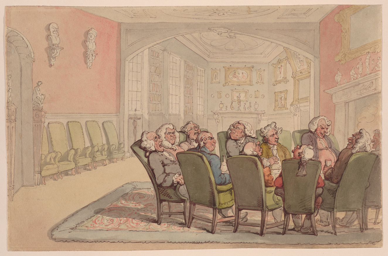A pen and ink and watercolor drawing of boisterous, aristocratic Englishmen seated in high-backed chairs. The bewigged men talk, sleep, and look around the art and marble-bust filled room.